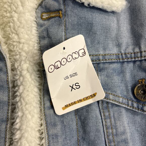NWT Omoone Size Xsmall Sherpa Fleece White Lined Light Wash Denim Jacket - Picture 4 of 9